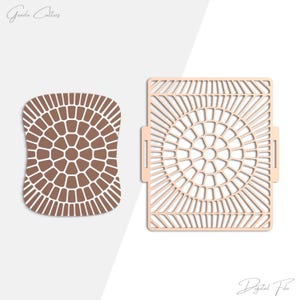 May include: Two decorative stencils with geometric patterns. One is a rounded shape with a brown mosaic design, and the other is a square stencil with a sunburst pattern. The text "Grada Cutters" and "Digital File" are visible.