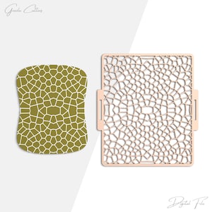 May include: Two craft stencils. One is a rectangular shape with a mosaic pattern, and the other is a rounded shape with a similar mosaic pattern. The stencils are in shades of olive green and light brown. The text "Grada Cutters" and "Digital File" are visible.