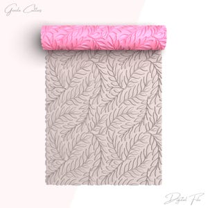 May include: A pink rolling pin with a leaf pattern. The rolling pin is unrolled and shows the pattern on the surface. The text "Gouda Cutters" is in the top left corner of the image. The text "Digital File" is in the bottom right corner of the image.