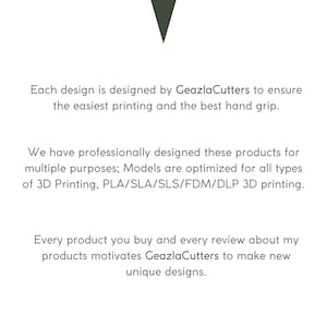 Puede incluir: Texto sobre un fondo blanco que dice: "Cada dise&ntilde;o est&aacute; dise&ntilde;ado por GeazlaCutters para garantizar la impresi&oacute;n m&aacute;s f&aacute;cil y el mejor agarre. Hemos dise&ntilde;ado profesionalmente estos productos para m&uacute;ltiples prop&oacute;sitos; Los modelos est&aacute;n optimizados para todos los tipos de impresi&oacute;n 3D, PLA/SLA/SLS/FDM/DLP 3D printing. Cada producto que compras y cada rese&ntilde;a sobre mis productos motiva a GeazlaCutters a crear nuevos dise&ntilde;os &uacute;nicos."
