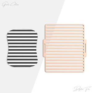 May include: An image featuring two objects. One is a black and white striped, curved rectangle. The other is a light peach-colored rectangular shape with horizontal lines. The text "Grada Cutters" and "Digital File" are visible.