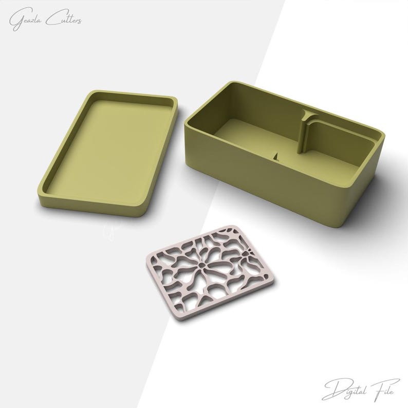 May include: A set of three-dimensional, olive-green rectangular containers with rounded edges. One container has a lid, another has a compartment, and the third is a decorative, openwork design in a light beige color. The text "Digital File" is visible.