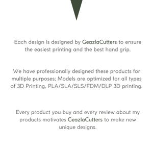 May include: White background with text describing 3D printing designs by GeazlaCutters. The text highlights ease of printing, hand grip, and optimization for various 3D printing methods, including PLA/SLA/SLS/FDM/DLP. The text also mentions that customer reviews motivate the creation of new designs.