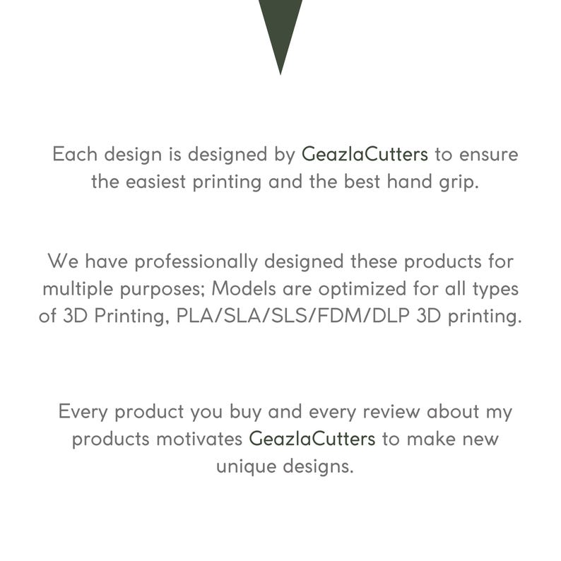 May include: White background with text describing 3D printing designs by GeazlaCutters. The text highlights ease of printing, hand grip, and optimization for various 3D printing methods, including PLA/SLA/SLS/FDM/DLP. The text also mentions that customer reviews motivate the creation of new designs.
