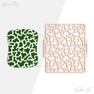 May include: Two laser-cut designs. One is a green and white cow print shape. The other is a light peach-coloured square with a repeating organic pattern. The words "Grada Cutters" and "Digital File" are in the image.