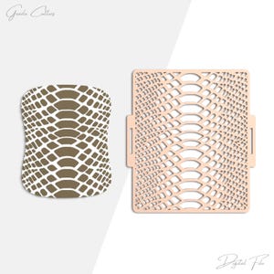 May include: Two laser-cut designs with a snake skin pattern. One is a curved shape, the other is a rectangular shape with tabs. The designs are in shades of brown and beige. The text "Digital File" is at the bottom.