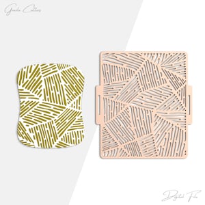 May include: Two digital cut files. One is a light peach rectangular shape with a geometric pattern of lines. The other is a white shape with a gold geometric pattern. The words "Gracia Cutters" and "Digital File" are in the image.