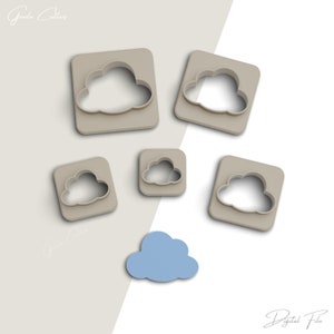 Puede incluir: Conjunto de cinco cortadores de galletas en forma de nube de diferentes tamaños. Los cortadores están hechos de plástico marrón claro y están dispuestos sobre un fondo blanco y gris claro. El cortador más pequeño está en el centro de la imagen, y el más grande está en la esquina superior izquierda. Los cortadores son todos de forma cuadrada con un recorte en forma de nube en el centro. La imagen también incluye un recorte en forma de nube azul claro.