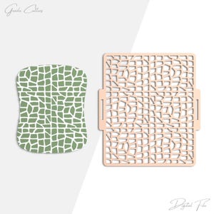 May include: Two craft stencils. One is a light peach-colored rectangular stencil with a mosaic pattern and handles. The other is a green and white mosaic-patterned shape. The words "Grada Cutters" and "Digital File" are in the image.