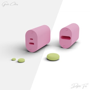 May include: Pink silicone mold with two round cutouts and a rectangular shape. The mold is shown next to three small green silicone circles.
