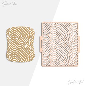 May include: Two decorative stencils with a wave pattern. One is a rectangular stencil with a wave pattern cut out of it. The other is a rounded rectangle with a wave pattern printed on it. The stencils are in shades of beige and peach.