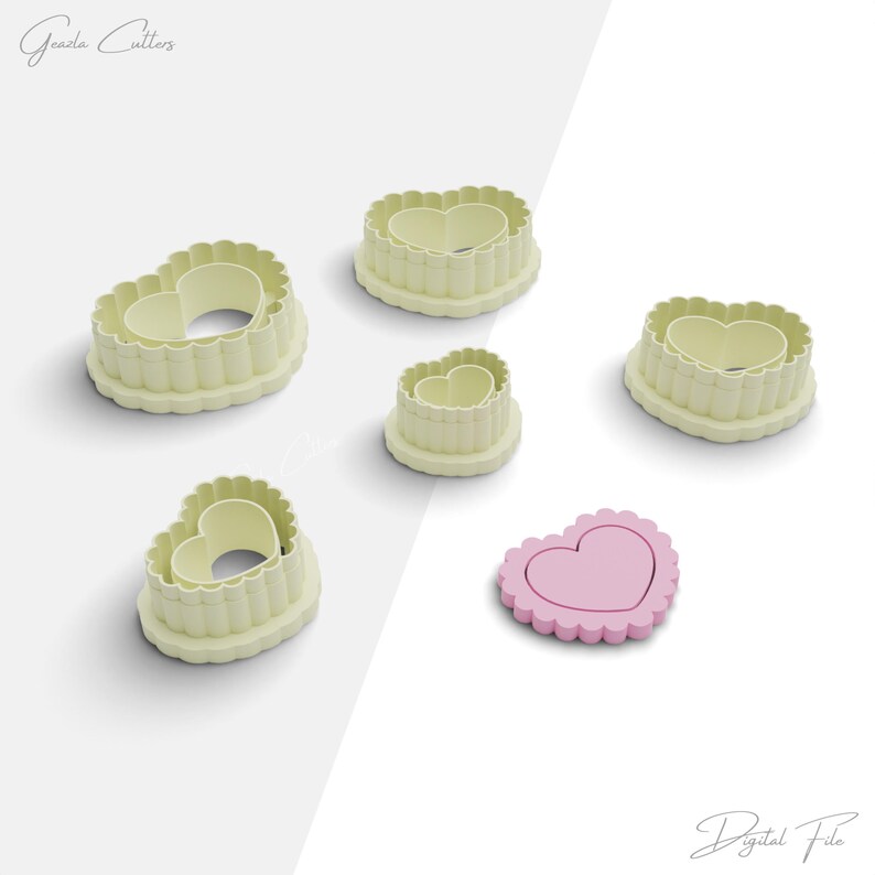 May include: Set of five heart-shaped cookie cutters in various sizes. The cutters are made of white plastic and have a scalloped edge. The smallest cutter is pink and has a solid heart shape.