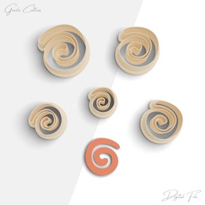 May include: Set of six cookie cutters in the shape of a spiral. The cutters are made of a light beige plastic and are arranged on a white background. The cutters are different sizes, with the largest cutter being about 3 inches in diameter. The smallest cutter is about 1 inch in diameter. The cutters are perfect for making cookies, fondant, or other pastries.