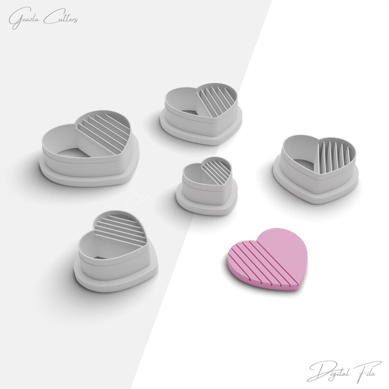 Pu&ograve; includere: Cinque tagliabiscotti a forma di cuore grigi con un design a strisce e un biscotto a forma di cuore rosa con un design a strisce. Il testo "File digitale" &egrave; visibile nell'angolo in basso a destra dell'immagine.