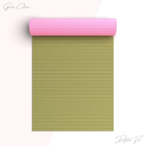 May include: A roll of green and pink corrugated cardboard paper. The paper is rolled up and the pink side is visible. The green side is visible on the bottom of the roll.