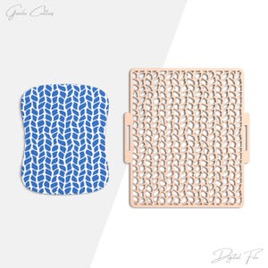 May include: A blue and white patterned die cut next to a peach-colored, openwork rectangular die cut. The blue and white die cut has a rounded shape. The peach-colored die cut has a rectangular shape with tabs on the sides.
