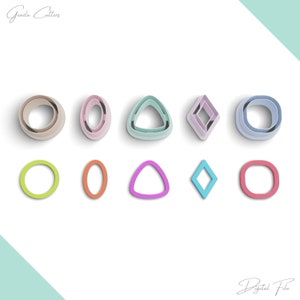 May include: Set of 10 cookie cutters in various shapes and colors, including circles, triangles, and diamonds. The cutters are arranged in two rows on a white background.
