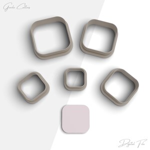 May include: Set of five square cookie cutters in various sizes. The cutters are made of a light brown plastic and are arranged on a white background. The largest cutter is approximately 7.5 cm wide.  The smallest cutter is approximately 2.5 cm wide.  The cutters are arranged in a staggered pattern.  The word "Digital File" is written in black at the bottom of the image.