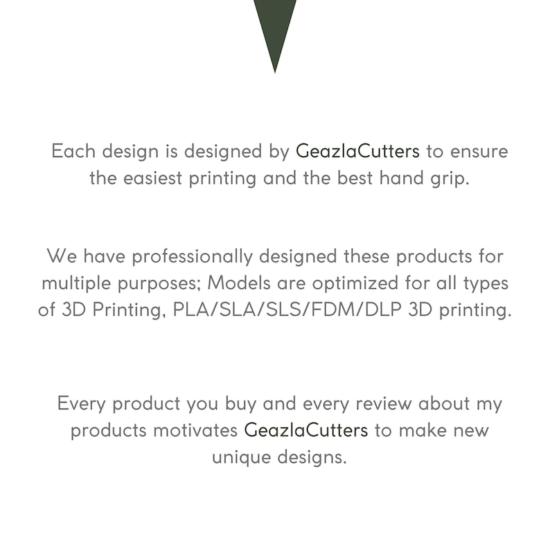 May include: Text on a white background that reads: "Each design is designed by GeazlaCutters to ensure the easiest printing and the best hand grip. We have professionally designed these products for multiple purposes; Models are optimized for all types of 3D Printing, PLA/SLA/SLS/FDM/DLP 3D printing. Every product you buy and every review about my products motivates GeazlaCutters to make new unique designs."
