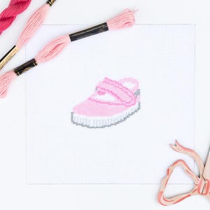Hand-painted needlepoint canvas, featuring a kid&#39;s Cienta shoe