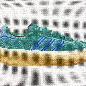 Hand-painted needlepoint canvas, featuring an Addidas Gazelle Platform shoe, green