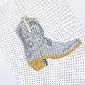 Hand-painted needlepoint canvas, featuring a silver cowboy boot