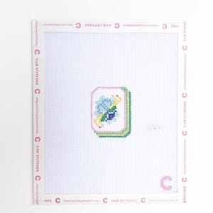 May include: A white needlepoint canvas with a central design featuring a floral motif in blue, green, and yellow, framed by a pink and green border. The canvas has the text "CAM STITCHES" repeated around the edges.
