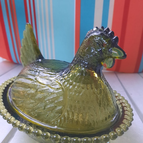 Indiana Green Glass, Beaded, Hen On Nest, Collectible Glass, Tableware Dish