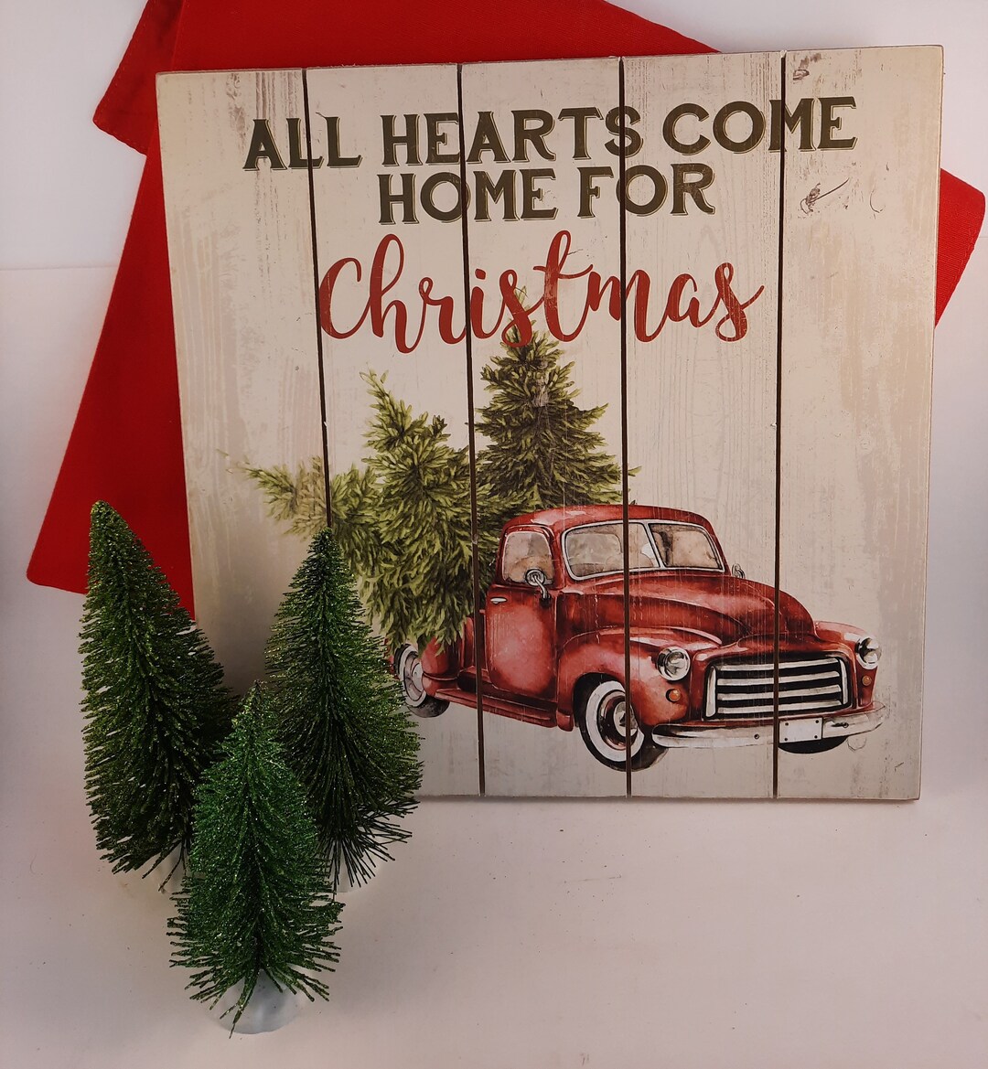 Red, Pick up Truck, Christmas Trees, Wooden, Painted, Wall Decor Sign