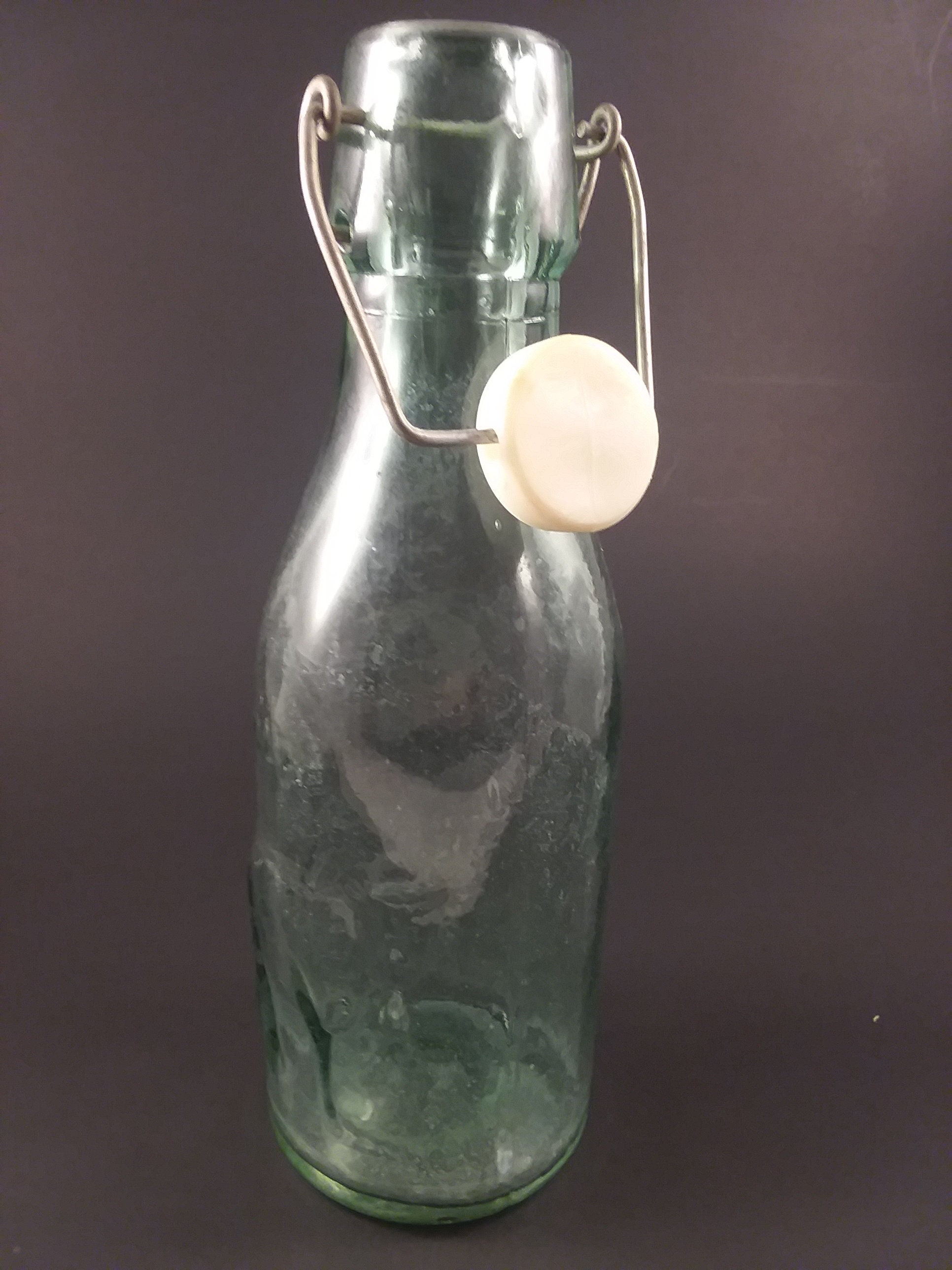 Vintage Large 12 Greenish Glass Milk Bottle W/ Ribbed Grip Indent