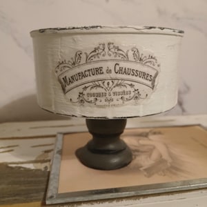 Tin Can Upcycle, Tuna Tin Can, Wood Pedestal, French Graphics, Farmhouse Decor