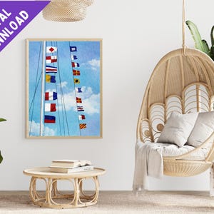 May include: A digital download of a watercolor painting of a nautical flag signal. The flags are hanging from a mast against a blue sky with white clouds. The flags are red, white, blue, yellow, and green.