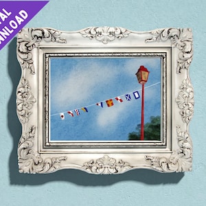 May include: A watercolor painting of a red lamppost with a string of colorful nautical flags hanging from it against a blue sky with white clouds.