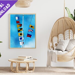 May include: A digital download of a painting depicting a nautical flag display against a blue sky. The flags are yellow, red, blue, white, and black. The painting is framed in a light wood frame.