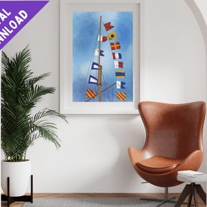 Peut inclure: Une peinture à l'aquarelle d'un mât de navire avec une variété de drapeaux colorés flottant au vent sur un fond de ciel bleu.