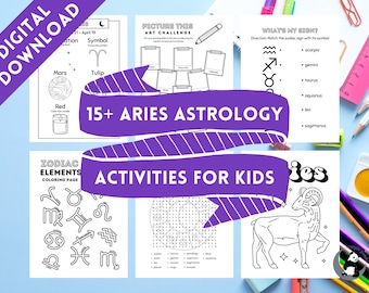 Paquete de actividades de astrología imprimible para niños - Edición Aries / Páginas para colorear, Juegos para niños / Descarga digital instantánea PDF/ Escorpio Panda