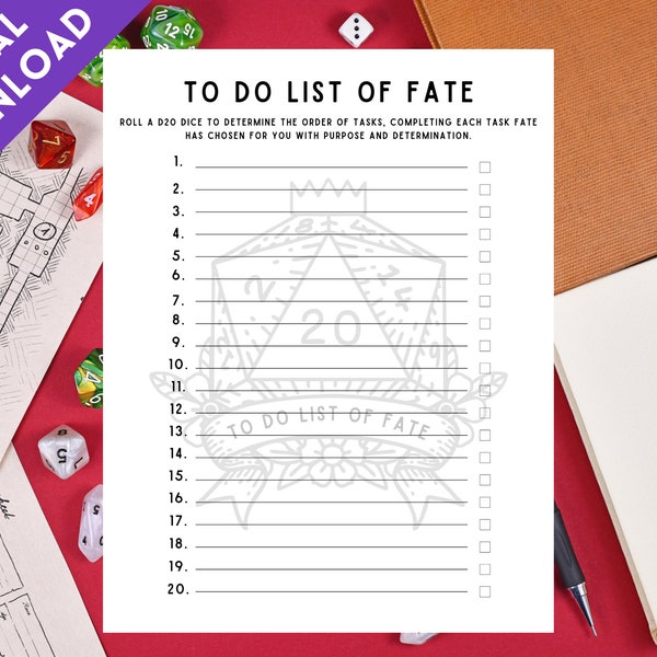 D20 To Do List of Fate | Printable Task Organizer for Household Chores and Self Care PDF | Neurodivergent ADHD Friendly | Scorpio Panda