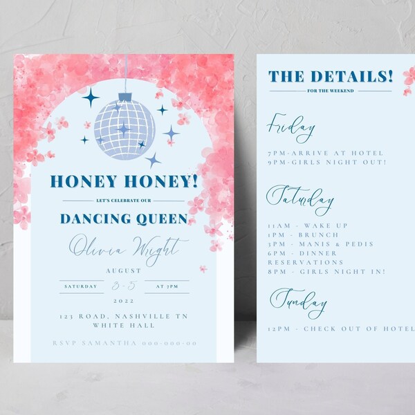 Mamma Mia Dancing Queen Bachelorette Party Invitation | Bachelorette Weekend Itinerary | Blue Greece Bridal Invite | Canva Template