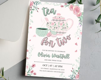 Tea for Two Invite | Tea Two Invite | Twin Baby Shower Invite Template