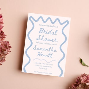 Blue Line Squiggle Bridal Shower Invitation | Wavy Bridal Invite | Canva Template
