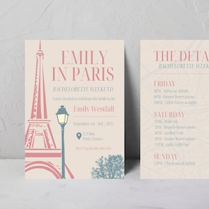 Convite para despedida de solteira em Paris | Convite para despedida de solteira na Torre Eiffel | Itinerário de fim de semana Oui Paris | Modelo Canva
