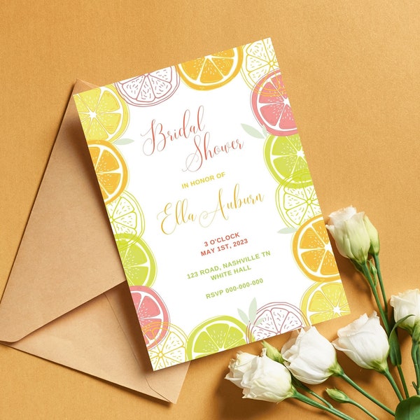 Citrus Bridal Shower Invitation Template | Orange Bridal Fruit, Grapefruit Floral | Canva Invitation Template