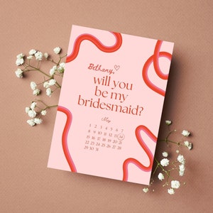 Squiggle Bridesmaid Proposal Card Will You Be My Bridesmaid Will You Be My Maid of Honor Retro Waves Invite Canva Template image 1