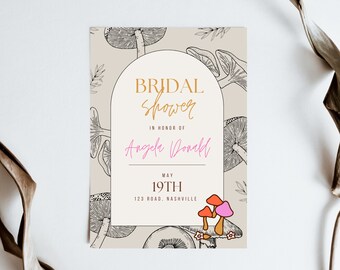 Boho Bridal Shower Invitation | Woodland Invitation | Mushroom Invite | Canva Template