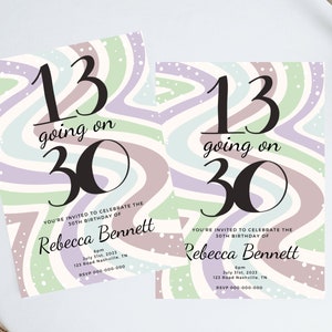 Op de afbeelding: Twee uitnodigingen voor een verjaardag met een retro ontwerp. De uitnodigingen tonen "13 going on 30" in zwart, met de naam Rebecca Bennett en evenementdetails. De achtergrond heeft een golvend patroon in pastelkleuren, zoals groen, lila en beige.