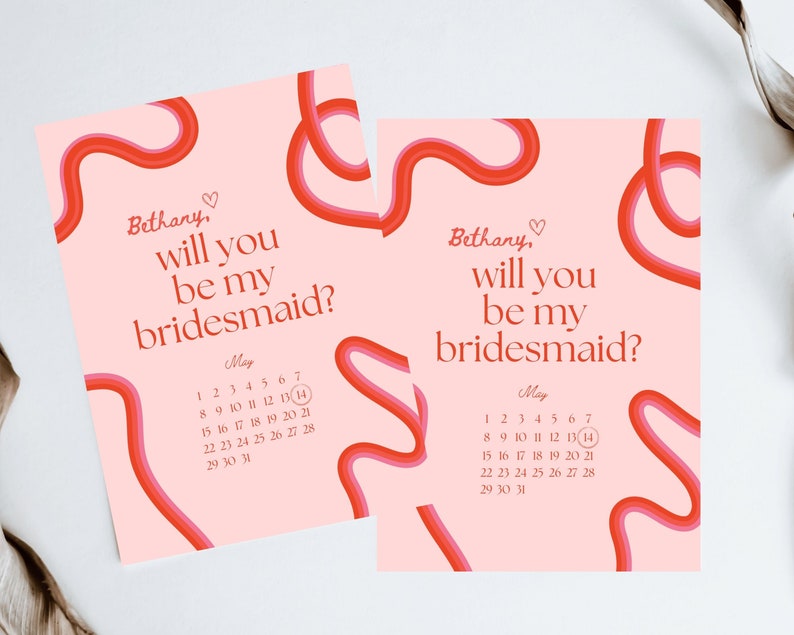Squiggle Bridesmaid Proposal Card Will You Be My Bridesmaid Will You Be My Maid of Honor Retro Waves Invite Canva Template image 9