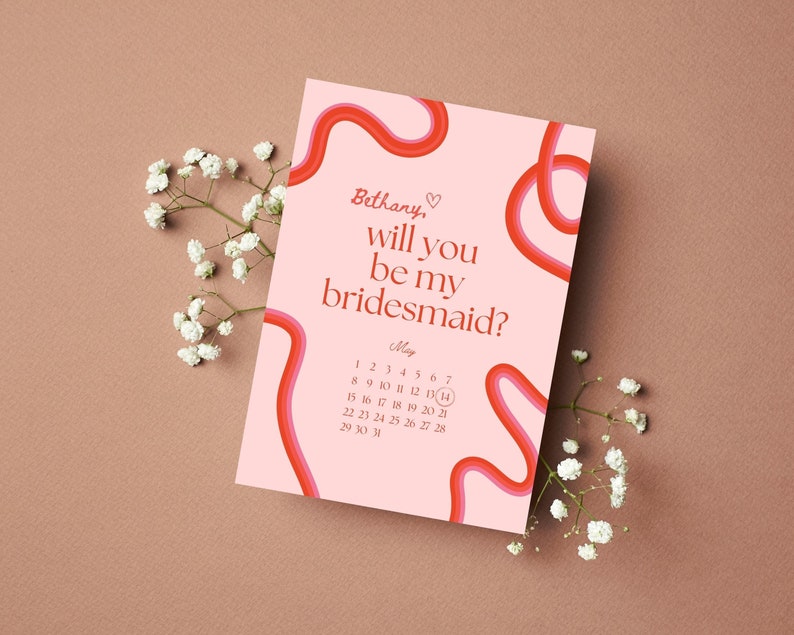 Squiggle Bridesmaid Proposal Card Will You Be My Bridesmaid Will You Be My Maid of Honor Retro Waves Invite Canva Template image 1