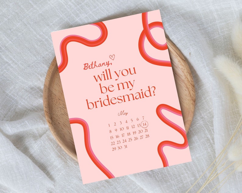 Squiggle Bridesmaid Proposal Card Will You Be My Bridesmaid Will You Be My Maid of Honor Retro Waves Invite Canva Template image 2