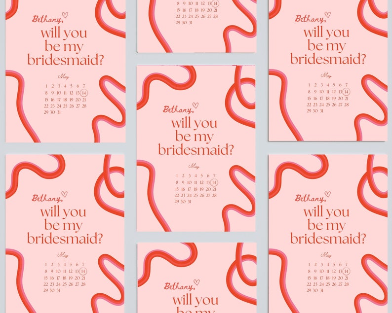 Squiggle Bridesmaid Proposal Card Will You Be My Bridesmaid Will You Be My Maid of Honor Retro Waves Invite Canva Template image 8