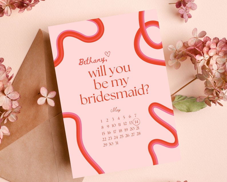 Squiggle Bridesmaid Proposal Card Will You Be My Bridesmaid Will You Be My Maid of Honor Retro Waves Invite Canva Template image 10